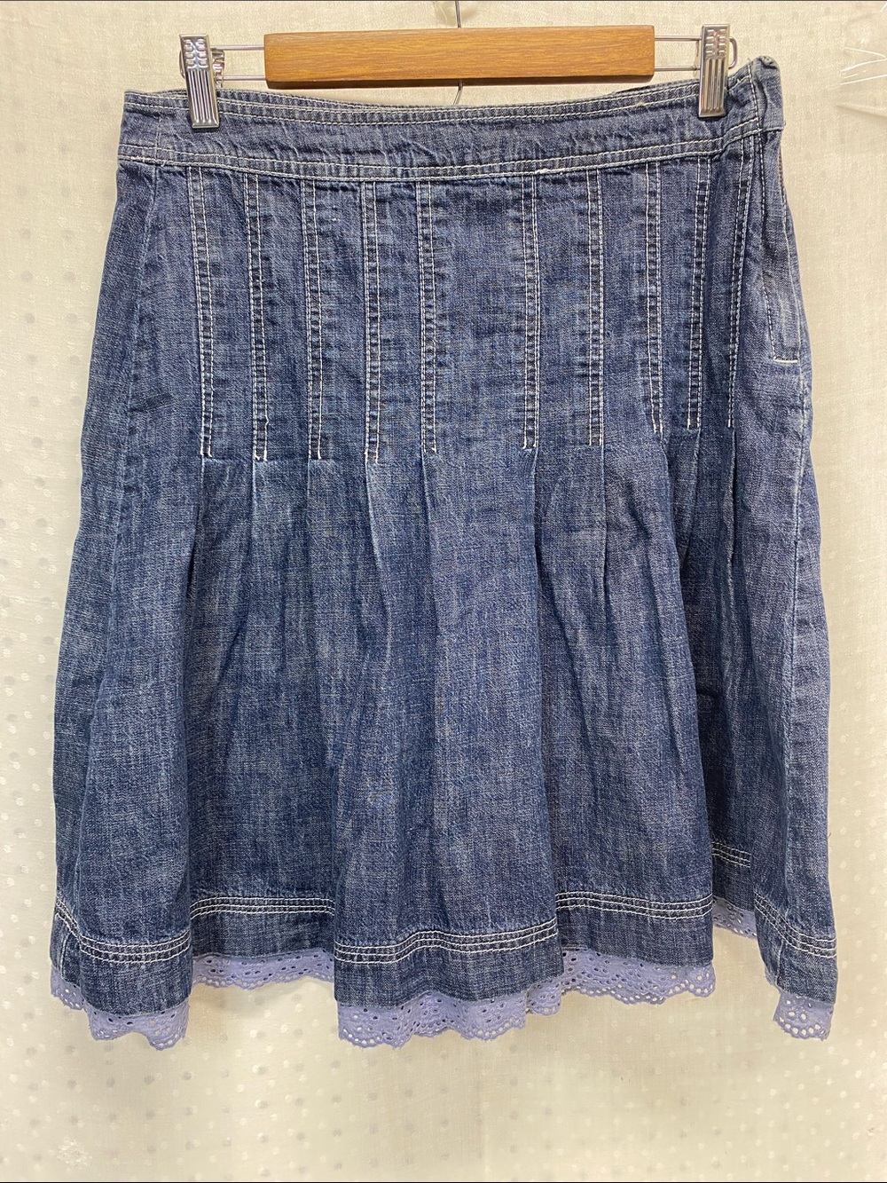 Y2K Kikit Denim Blue A-Line Pleated Skirt Lace Trim Size 6